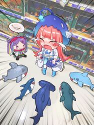  1girl aged_down anglerfish_costume animal_print blue_boots blunt_bangs blush boots character_doll child clenched_hands closed_eyes coat commentary crying doll emphasis_lines fish_print full_body furrowed_brow goggles goggles_on_head grin heaven_burns_red indoors ishii_iroha lab_coat long_hair mizuhara_aina nose_blush on_floor open_clothes open_coat open_mouth photo_background pink_hair purple_hair runny_nose sail_678 scared sharp_teeth smile snot solo sparkle speech_bubble standing streaming_tears stuffed_animal stuffed_shark stuffed_toy tears teeth trembling twintails untranslatable_commentary very_long_hair violet_eyes whale_print 