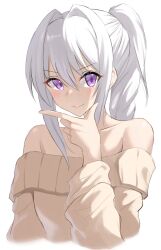  1girl absurdres bare_shoulders brown_sweater choppy_bangs closed_mouth commentary_request cropped_torso d_anch0 hair_between_eyes hair_intakes hand_up highres ine_(vtuber) korean_commentary long_bangs long_hair looking_at_viewer off-shoulder_sweater off_shoulder ponytail sidelocks simple_background smile solo sweater v-shaped_eyebrows violet_eyes virtual_youtuber waktaverse white_background white_hair 