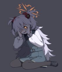  1girl artpatient black_pantyhose blue_archive brown_eyes brown_halo collared_shirt commentary dress eyeball_hair_ornament grey_dress grey_hair hair_over_one_eye halo hands_on_own_cheeks hands_on_own_face heart heart-shaped_pupils highres kanoe_(blue_archive) long_hair long_sleeves looking_at_viewer open_mouth pantyhose pinafore_dress shirt sitting sleeveless sleeveless_dress solo symbol-shaped_pupils two_side_up very_long_hair wariza white_shirt 