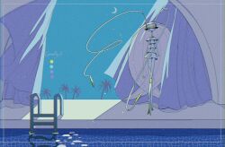  1girl antennae arthropod_girl blue_background blue_pupils bug cockroach colored_sclera colored_skin crescent_moon curtains eyelashes fukkatsu_no_maya full_body furry furry_female highres joints long_hair looking_at_viewer moon pheromosa pokemon pokemon_(creature) pool_ladder poolside purple_sclera simple_background solo standing translucent_hair violet_eyes white_hair white_skin 