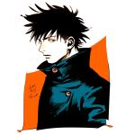  1boy black_hair black_jacket buttons character_profile closed_mouth commentary dated eyelashes from_side fushiguro_megumi high_collar jacket jujutsu_kaisen kotteri looking_at_viewer male_focus orange_background profile short_hair solo spiky_hair uniform upper_body white_background 