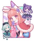  3girls :&lt; animal_hands animal_hood black_corset black_dress blunt_bangs blush braid candy capelet chibi closed_mouth commentary corset denonbu double_bun dress food fur-trimmed_capelet fur_trim gloves hair_bun hair_over_one_eye hand_up hands_up hat heart holding holding_candy holding_food holding_lollipop hood hood_up iduru126 inubousaki_shian lollipop long_hair looking_at_another looking_at_viewer minakami_hina multiple_girls nurse_cap official_alternate_costume orange_hair paw_gloves pink_eyes pink_gloves purple_hair rabbit_hood red_capelet sakurano_mimito short_hair smile solo_focus swirl_lollipop symbol-only_commentary twin_braids upper_body violet_eyes 