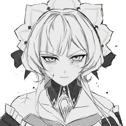  1girl bare_shoulders blue_eyes bonnet closed_mouth commentary_request cracked_skin detached_collar genshin_impact greyscale highres iragashi_m_m long_hair monochrome portrait sandrone_(genshin_impact) serious simple_background solo straight-on v-shaped_eyebrows white_background 