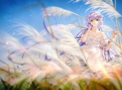  1girl bare_shoulders blue_sky chinese_commentary commentary_request dress earrings floating_hair frilled_dress frills grass green_eyes hand_in_own_hair hand_up highres jewelry long_hair luo_tianyi outdoors purple_hair reeds skirt sky solo spaghetti_strap standing star_(sky) tidsean very_long_hair vocaloid vsinger_(vocaloid) 