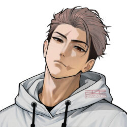  1boy azezazel black_hair brown_eyes closed_mouth commentary drawstring english_commentary frown grey_hair grey_hoodie head_tilt hood hood_down hoodie itadori_yuuji jujutsu_kaisen jujutsu_kaisen_modulo looking_at_viewer male_focus medium_sideburns multicolored_hair multiple_scars scar scar_on_face sideburns solo twitter_username two-tone_hair 