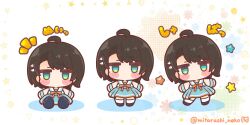  1girl absurdres ahoge black_hair black_shoes blue_skirt blush_stickers bow bowtie chibi chibi_only commentary_request full_body green_eyes highres hololive jitome looking_at_viewer mitarashi_neko multiple_views no_humans notice_lines oozora_subaru orange_bow orange_bowtie shirt shoes short_hair sitting skirt sleeveless sleeveless_shirt socks standing star_(symbol) twitter_username virtual_youtuber white_background white_shirt white_socks 