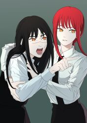  2girls arm_around_shoulder black_dress black_hair black_necktie braid braided_ponytail breasts chainsaw_man commentary cross_scar dress fourth_east_high_school_uniform hashtag-only_commentary highres long_hair makima_(chainsaw_man) medium_breasts meme multiple_girls necktie open_mouth orange_eyes pinafore_dress pointing red_hair sawgak scar scar_on_cheek scar_on_face scar_on_nose school_uniform sidelocks single_braid sleeveless sleeveless_dress woman_yelling_at_cat_(meme) yoru_(chainsaw_man) 