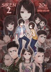  6+boys 6+girls abe_souji anniversary black_hair blood blood_on_face blood_on_hands blue_pants braid breast_pocket brown_eyes brown_hair commentary_request dog everyone feather_hair_ornament feathers fujita_shigeru_(siren) hair_ornament hairclip hat highres ichifuji_nitaka_(siren) itsuki_mamoru japanese_clothes kameishino_prefectural_middle_school_uniform kanae_(siren) kifune_ikuko kimono kishida_yuri kiyota_akiko mikami_shuu military_uniform misawa_takeaki multiple_boys multiple_girls nagai_yorito ohta_tomoe ohta_tsuneo oisiso open_mouth pants pocket police_hat sailor_collar school_uniform shaved_head shirt siren_(series) siren_2 smile toy_robot tsukasa_(siren) twintails watch watch white_shirt yagura_ichiko 