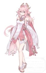  1girl :3 absurdres animal_ear_piercing animal_ears bare_shoulders blush breasts commentary_request dress floppy_ears fox_ears fox_girl fox_shadow_puppet full_body fumicode2_3 genshin_impact hair_ornament highres long_hair okobo pink_hair platform_sandals sandals simple_background small_breasts solo standing tachi-e toes very_long_hair violet_eyes white_background white_dress yae_miko 