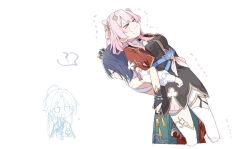  >_< 1boy 2girls ? belt black_dress bloomers blue_belt breasts chinese_clothes commentary_request cropped_jacket cropped_legs dress earrings high_belt highres honkai:_star_rail honkai_(series) jacket jewelry long_sleeves march_7th_(honkai:_star_rail) march_7th_(hunt)_(honkai:_star_rail) medium_breasts multiple_girls official_alternate_costume official_alternate_hairstyle pink_hair puffy_sleeves red_jacket short_dress shuangyaji single_earring sweatdrop thigh-highs twitter_username underbust uwasewau white_bloomers white_thighhighs yanqing_(honkai:_star_rail) yunli_(honkai:_star_rail) 