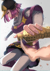  1girl @acchom_zatta black_hat bob_cut bodysuit capelet clothing_cutout commentary_request cream_starter_(stand) dress fingernails flower_ornament fur-trimmed_dress fur_trim gold_flower grey_background grey_bodysuit hat highres holding hot_pants_(sbr) jojo_no_kimyou_na_bouken long_sleeves looking_at_viewer pink_capelet pink_dress pink_eyes pink_hair short_hair shoulder_cutout solo stand_(jojo) steel_ball_run 