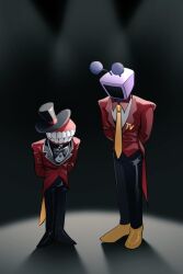  2boys ant_tenna arms_behind_back black_bow black_bowtie black_hat black_pants bow bowtie caine_(the_amazing_digital_circus) collared_shirt commentary crt deltarune english_commentary full_body hat male_focus multiple_boys necktie object_head pants radio_antenna shadow shirt shoes spotlight standing tailcoat the_amazing_digital_circus top_hat utdr_(toby_fox) white_shirt xi_956 yellow_necktie yellow_shoes 