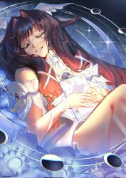  bare_legs bare_shoulders black_hair blue_flower book bow closed_eyes columbina_(genshin_impact) commentary_request dress eye_mask flower genshin_impact hair_ornament head_wings highres holding holding_book karasu_(gana_404) long_hair lying mask moon multicolored_hair multiple_wings purple_hair purple_streaks ribbon see-through_clothes see-through_mask smile solo streaked_hair two-tone_hair very_long_hair white_bow white_dress white_mask white_ribbon white_wings wing_hair_ornament wings wrist_bow x-shaped_eyewear 