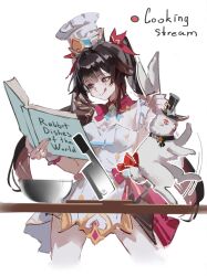  1girl absurdres animal book bowl cleaver closed_mouth cookbook cutting_board english_text hashtag-only_commentary highres holding holding_animal holding_book holding_rabbit honkai:_star_rail honkai_(series) knife looking_down mark_under_both_eyes megu1280610 rabbit red_eyes simple_background solo sparkle_(honkai:_star_rail) sparxie_(honkai:_star_rail) tongue tongue_out twintails white_background 
