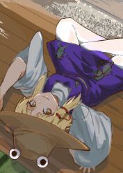  1girl animal_print blonde_hair breasts brown_hat closed_mouth commentary_request frog_print hair_ribbon hat long_hair long_sleeves looking_at_viewer lying medium_breasts moriya_suwako on_back pantyhose purple_skirt purple_vest red_ribbon ribbon skirt skirt_set smile solo touhou tress_ribbon veow vest white_pantyhose wide_sleeves yellow_eyes 