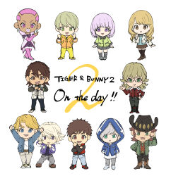  3girls 6+boys antonio_lopez arms_up barnaby_brooks_jr. black_boots black_hat black_pants black_skirt black_socks blonde_hair blue_eyes blue_jacket blue_shirt boots brown_boots brown_eyes brown_hair brown_shoes brown_skirt chibi chibi_only closed_mouth commentary_request copyright_name cowboy_hat dark-skinned_male dark_skin earrings english_text eyelashes facial_hair fsz_tb full_body fur_trim glasses green_eyes green_jacket grey_hair grey_pants grey_shoes hand_on_own_arm hand_on_own_hip hands_in_pockets hat high_heels highres hood hood_down hood_up hooded_jacket huang_pao-lin ivan_karelin jacket jewelry kaburagi_t._kotetsu karina_lyle keith_goodman lara_tchaikoskaya long_hair long_sleeves medium_hair multiple_boys multiple_girls nathan_seymour open_clothes open_jacket open_mouth orange_jacket pants pink_hair purple_hair purple_jacket red_jacket red_shirt red_vest sengoku_subaru shirt shoes short_hair simple_background skirt smile socks standing teeth thomas_taurus tiger_&amp;_bunny upper_teeth_only very_short_hair vest violet_eyes white_background white_jacket white_shirt white_shoes yellow_pants yellow_shoes 