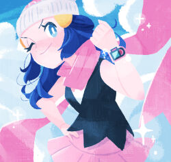  1girl aqua_eyes beanie black_shirt blue_hair blue_sky blush bright_pupils clenched_hand closed_mouth clouds commentary_request day hair_ornament hand_on_own_hip hat hikari_(pokemon) long_hair naco_oekaki one_eye_closed pink_scarf pink_skirt pokemon pokemon_dppt poketch scarf shirt skirt sky sleeveless sleeveless_shirt smile solo v-shaped_eyebrows watch watch white_hair white_pupils 