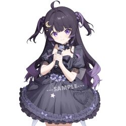  1girl ahoge black_dress black_hair bow choker closed_mouth commentary_request cowboy_shot crescent crescent_hair_ornament dress fang flower frilled_choker frilled_dress frills hair_ornament hairclip hands_up highres holding holding_microphone long_hair looking_at_viewer microphone multicolored_dress multicolored_hair original puffy_sleeves purple_bow purple_dress purple_flower purple_hair purple_streaks sample_watermark short_sleeves simple_background skin_fang solo star_(symbol) star_hair_ornament streaked_hair two-tone_dress two-tone_hair violet_eyes watermark white_background white_flower youtanhuayuan255 