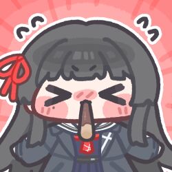  >_< 1girl black_hair black_jacket black_shirt black_skirt chibi chibi_only chisa_(wuthering_waves) commentary_request cowboy_shot food food_in_mouth hair_ribbon jacket korean_commentary long_hair monyami neckerchief pocky pocky_in_mouth red_neckerchief red_ribbon ribbon sailor_collar shirt skirt solo white_sailor_collar wuthering_waves 