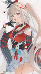  1girl :d absurdres ai-assisted black_gloves black_hat braid butterfly-shaped_pupils clothing_cutout diamond_(shape) diamond_facial_mark diamond_on_cheek facial_mark gloves hat heart heart_facial_mark heart_on_cheek highres honkai:_star_rail honkai_(series) long_hair looking_at_viewer mark_under_both_eyes mini_hat mini_top_hat multicolored_hair open_mouth pink_eyes poki_(j0ch3fvj6nd) red_streaks shoulder_cutout smile solo sparkle_(honkai:_star_rail) sparxie_(honkai:_star_rail) streaked_hair symbol-shaped_pupils top_hat twintails very_long_hair white_hair 