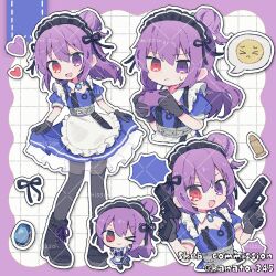  1girl :d apron black_boots black_gloves black_pantyhose blue_dress boots border borrowed_character bullet chibi closed_mouth commentary_request commission controller dress frilled_apron frilled_dress frills full_body game_controller gloves grid_background gun hair_bun highres holding holding_controller holding_game_controller holding_gun holding_weapon kanamochi_kanato lace-up_boots looking_at_viewer maid_headdress multiple_views open_mouth original outline outside_border pantyhose purple_border short_sleeves single_side_bun skeb_commission skirt_hold smile spoken_expression standing sweatdrop twitter_username weapon white_apron white_background white_outline 