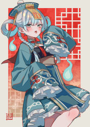  1girl blue_dress blue_eyes blue_fire blue_hat border braid chinese_clothes commentary_request dress fire frilled_dress frilled_sleeves frills grey_border grey_hair hair_rings hat highres jiangshi long_hair long_sleeves looking_at_viewer ofuda ofuda_on_head open_mouth original qingdai_guanmao red_background sleeves_past_fingers sleeves_past_wrists solo standing suzaku_(zaku6584) tassel tongue tongue_out twin_braids wide_sleeves 