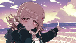  1girl black_jacket black_shirt blush clouds commentary_request danganronpa_(series) danganronpa_2:_goodbye_despair dress_shirt enouchi_ai hair_ornament hood hood_down jacket long_sleeves medium_hair nanami_chiaki neck_ribbon ocean open_clothes open_jacket outdoors pink_eyes pink_ribbon pointing ribbon shirt smile solo upper_body white_shirt 