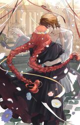  1boy 1girl absurdres black_robe braid brown_eyes brown_hair chromatic_aberration collarbone colosseum commentary_request east-lan facing_away falling_flower falling_petals fata_morgana_no_yakata floating_hair flower hair_between_eyes hand_on_another's_waist head_wreath hetero highres holding_hands hooded_robe jacopo_bearzatti long_hair looking_at_another morgana_(fata_morgana_no_yakata) outdoors pavement petals red_hair robe shirt short_hair standing streamers torn_clothes torn_shirt twin_braids very_long_hair white_shirt wide_sleeves 