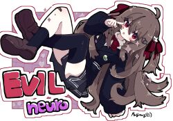  1girl :p ahoge artist_name asymmetrical_legwear bandaid bandaid_on_knee bandaid_on_leg black_cardigan black_skirt black_socks blush_stickers border bow bowtie broken_heart broken_heart_hair_ornament brown_hair brown_shoes cardigan character_name collared_shirt crossed_ankles evil_neuro-sama geometric_pattern grid_background hair_between_eyes hair_ornament hair_ribbon hashtag-only_commentary heart highres loafers long_hair long_sleeves looking_at_viewer mgmg_mgmg miniskirt outline pleated_skirt pointing purple_background red_bow red_bowtie red_eyes red_ribbon ribbon shirt shoes skirt skull_hair_ornament sleeves_past_wrists socks solo sparkle tongue tongue_out torn_bowtie torn_hair_ribbon two_side_up uneven_legwear v-shaped_eyebrows vedal_ai virtual_youtuber white_border white_outline white_shirt 