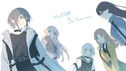  5girls absurdres anniversary bang_dream! bang_dream!_it's_mygo!!!!! black_choker black_hair black_hoodie black_necktie black_shirt blue_eyes brown_eyes brown_hair chihaya_anon choker commentary_request grey_hair grey_jacket group_name hair_between_eyes heterochromia highres hood hood_down hoodie jacket kanade_(kanade_3344) kaname_raana long_hair long_sleeves mitsuketa_keshiki_tazusaete mole mole_under_eye multiple_girls mygo!!!!!_(bang_dream!) nagasaki_soyo necktie open_mouth parted_bangs pink_hair shiina_taki shirt short_hair sidelocks simple_background suspenders sweater takamatsu_tomori tucking_hair violet_eyes white_background white_sleeves yellow_eyes yellow_sweater 
