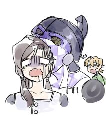  2boys ^^^ asakeno biting biting_head blank_eyes blonde_hair brown_hair commentary_request cropped_shoulders crying foaming_at_the_mouth gloom_(expression) highres illuso jojo_no_kimyou_na_bouken long_hair looking_at_another looking_back multiple_boys open_mouth pannacotta_fugo purple_haze_(stand) stand_(jojo) sweat tri_tails vento_aureo 