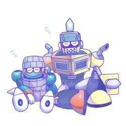  2boys =_= block_man closed_eyes commentary_request dokki_0487 hand_on_another's_knee humanoid_robot impact_man joints mechanical_arms mechanical_legs mega_man_(classic) mega_man_(series) mega_man_11 multiple_boys no_mouth robot robot_ears robot_joints sitting sleeping sleeping_upright squeans tagme 
