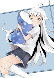  1girl ahoge black_skirt blue_background blunt_bangs blush brown_eyes commentary_request feet_out_of_frame from_above hair_flaps highres hugging_object kneehighs long_hair looking_at_viewer lying on_side one_eye_closed original pa._(tatuya28001) pillow pillow_hug pleated_skirt pout shirt short_sleeves sidelocks simple_background skirt snowflake_print socks solo thighs very_long_hair white_background white_hair white_shirt white_socks 