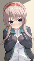  1girl :< absurdres black_hoodie blue_eyes blush breasts brown_hair buttons closed_mouth collared_shirt commentary eyelashes film_grain frown hair_between_eyes hairband hands_up highres hood hood_down hoodie large_breasts long_hair looking_at_viewer mochikumo nose_blush open_clothes open_hoodie plaid_hairband red_hairband sanoba_witch school_uniform shiiba_tsumugi shirt shy sidelocks simple_background sleeves_past_wrists solo sparkle upper_body upturned_eyes white_shirt yellow_background 