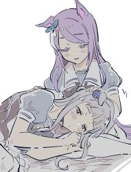  2girls an_(tmso_ntm) animal_ears blue_bow blue_shirt blush bow closed_mouth collared_shirt gold_ship_(umamusume) grey_hair hair_bow hand_in_another's_hair highres horse_ears horse_girl horse_tail lap_pillow long_hair looking_at_another looking_down lying mejiro_mcqueen_(umamusume) multiple_girls on_side open_mouth pink_eyes purple_bow purple_hair school_uniform shade shadow shirt shirt_bow short_sleeves sitting sketch skirt smile tail umamusume violet_eyes white_background white_skirt 