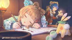  2girls ^^^ absurdres animal_ear_headwear animal_ears arm_rest artist_logo artist_name beanie blue_hair book bow-shaped_hair brown_hair calligraphy_brush candle candlelight child closed_eyes commentary_request copyright_notice dress eyebrows_hidden_by_hair fake_animal_ears finger_to_mouth fur-trimmed_jacket fur-trimmed_sleeves fur_collar fur_trim genshin_impact guoba_(genshin_impact) hair_ornament hairclip hat head_rest highres holding holding_brush holding_calligraphy_brush holding_paintbrush index_finger_raised indoors jacket leaning_forward logo long_sleeves looking_at_another multiple_girls official_alternate_costume official_alternate_hairstyle open_book open_mouth paintbrush purapi red_jacket shushing sleeping xiangling_(genshin_impact) xiangling_(new_year's_cheer)_(genshin_impact) yaoyao_(genshin_impact) yaoyao_(rainlit_bamboo_reverie)_(genshin_impact) yellow_eyes yuegui_(genshin_impact) 