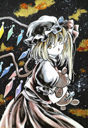  1girl blonde_hair commentary crystal crystal_wings flandre_scarlet hat highres holding holding_stuffed_toy ikeda_ruriko long_hair looking_at_viewer mob_cap multicolored_wings one_side_up puffy_short_sleeves puffy_sleeves red_skirt red_vest short_sleeves skirt skirt_set solo stuffed_animal stuffed_toy teddy_bear touhou traditional_media vest white_hat wings yellow_eyes 