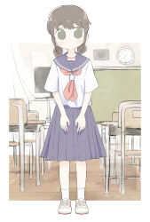  1girl brown_hair classroom clock commentary_request desk full_body highres looking_at_viewer low_twintails original outside_border ringed_eyes school_desk school_uniform serafuku short_sleeves solo standing twintails yabisara 
