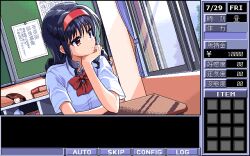  1990s_(style) 1girl blue_hair bow bowtie chipushishi commentary_request desk hairband indoors letterboxed long_hair original pc-98_(style) red_bow red_eyes red_hairband retro_artstyle shirt short_sleeves sitting solo white_shirt 