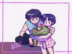  1boy 1girl blue_eyes blue_hair bouquet braid chinese_clothes closed_mouth commentary cowboy_shot dated dress flower holding holding_bouquet moitasu no_nose p-chan_(ranma_1/2) pig pink_dress ranma_1/2 saotome_ranma short_hair single_braid sitting smile tendou_akane violet_eyes yellow_flower 