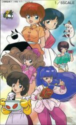  1990s_(style) 6+girls :d blue_eyes blue_hair bob_cut bow brown_eyes brown_hair cat gloves hair_bow highres long_hair low_ponytail low_side_ponytail multiple_girls official_art p-chan_(ranma_1/2) panda pig pink_bow ponytail purple_hair ranma-chan ranma_1/2 red_hair retro_artstyle saotome_genma_(panda) saotome_ranma scan shampoo_(cat) shampoo_(ranma_1/2) shiratori_azusa short_hair smile tendou_akane tendou_kasumi tendou_nabiki third-party_source yellow_gloves 