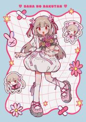  1girl :3 :d blue_border blunt_bangs border bouquet brown_hair chibi closed_mouth commentary_request dot_nose dress flower full_body grid_background guest_art hair_ornament hair_ribbon hat highres holding holding_bouquet kneehighs long_hair looking_at_viewer milkghost124 multiple_views natori_sana nurse_cap open_mouth orange_eyes outside_border pink_flower pink_hat pink_shoes rabbit_hair_ornament red_ribbon ribbon sana_channel shoes short_sleeves smile socks standing standing_on_one_leg two_side_up watermark white_background white_dress white_socks yellow_flower 