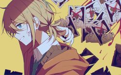  1boy art_waven bandaid bandaid_on_cheek bandaid_on_face black_sweater_vest blonde_hair blue_eyes blue_necktie collared_shirt commentary corrupted_twitter_file ego_renegade_boy_(vocaloid) from_side grin hashtag-only_commentary highres hood hood_down hoodie kagamine_len kagamine_rin low_ponytail male_focus necktie open_clothes open_hoodie orange_hoodie photo_(object) ponytail profile shirt short_hair short_ponytail smile solo sweater_vest vocaloid white_shirt yellow_background yellow_nails 