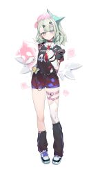  1girl absurdres alternate_costume black_leg_warmers closed_mouth commentary_request full_body green_eyes green_hair hair_ornament hairclip highres leg_warmers looking_at_viewer medium_hair nanana_narang necktie red_necktie shoes simple_background single_thighhigh solo standing sunna_(zenless_zone_zero) sweat thigh-highs thigh_strap torn_clothes torn_thighhighs white_background white_leg_warmers white_shoes white_thighhighs wing_collar zenless_zone_zero 