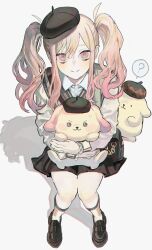  1girl ? beret black_hat black_skirt blonde_hair cardigan closed_mouth crossover from_above full_body ggwamang gradient_hair grey_cardigan hat highres holding holding_stuffed_toy loafers long_hair long_sleeves looking_at_viewer miniskirt multicolored_hair pink_eyes pleated_skirt pompompurin project_sekai sanrio shirt shoes sitting skirt smile socks solo spoken_question_mark stuffed_toy tenma_saki twintails white_background white_shirt white_socks 