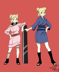  2girls aged_down aged_up black_eyes blonde_hair blue_kimono bodystocking commentary fishnet_bodystocking fishnets hand_fan hand_on_own_hip highres japanese_clothes kimono multiple_girls naruto_(classic) naruto_(series) naruto_shippuuden obi off_shoulder open-toe_boots open-toe_shoes pink_kimono quad_tails red_background sash temari_(naruto) waizumanhakase war_fan 