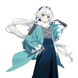  aqua_eyes aqua_kimono armor blue_bow blue_skirt bow closed_mouth commentary_request feet_out_of_frame flower hair_bow hand_on_own_hip hand_up highres japanese_clothes kimono light_blush long_hair long_sleeves looking_at_viewer mole mole_under_eye multicolored_kimono open_clothes open_kimono original pink_flower sample_watermark scarf simple_background skirt two-tone_kimono watermark white_background white_hair white_kimono white_scarf wide_sleeves youtanhuayuan255 
