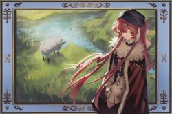 1girl absurdres black_hat black_vest blue_border blue_eyes border cape chinese_commentary commentary_request fur-trimmed_cape fur_trim grass hat highres long_hair looking_at_viewer newsboy_cap ornate_border outside_border red_cape red_hair red_skirt reverse:1999 river sheep shirt skirt solo tueminge upper_body vest white_shirt yenisei_(reverse:1999) 