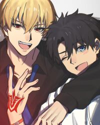  2boys arm_around_shoulder black_hair black_shirt blonde_hair blue_eyes blue_necktie bracelet collared_shirt command_spell commentary_request curtained_hair fate/grand_order fate_(series) fingernails fujimaru_ritsuka_(male) gilgamesh_(fate) hair_between_eyes hand_tattoo hand_up highres jewelry long_sleeves looking_at_viewer male_focus multiple_boys necktie one_eye_closed open_mouth raisakaki01 red_eyes shirt short_hair smile tattoo teeth upper_body upper_teeth_only 
