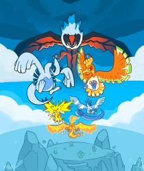  animal_focus articuno artist_name bird blue_sky closed_mouth clouds commentary dated ducklett english_commentary fiery_tail fiery_wings fire flying highres ho-oh lightning_bolt_symbol lugia moltres no_humans open_mouth outdoors pokemon pokemon_(creature) pokemon_focus signature sky stevedoodled tail wings yveltal zapdos 